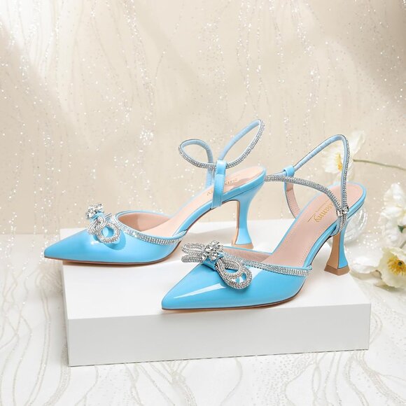 Women's Blue 1 Closed Toe Rhinestone Wedding Low Slingback Clear Kitten Heels - Picture 9 of 9
